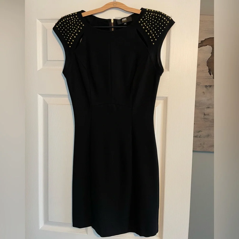 ABS Allen Schwartz Black Cocktail Dress with Gold Metal Cap Sleeve (Size Medium) - Picture 1 of 6
